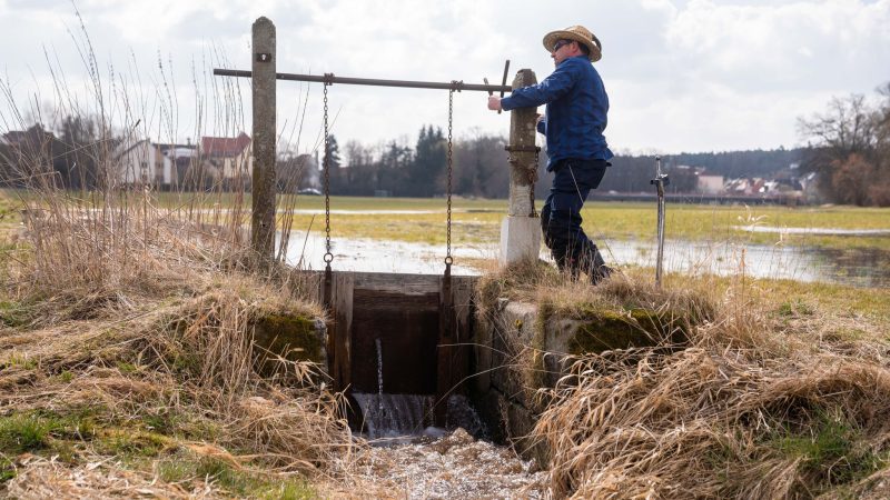 Der Wässerer Jürgen Zwingel öffnet eine Schleuse eines Wässergrabens im Ortsteil Reichelsdorf: Die Traditionelle Wiesenbewässerung ist von der Unesco zum immateriellen Kulturerbe ernannt worden.