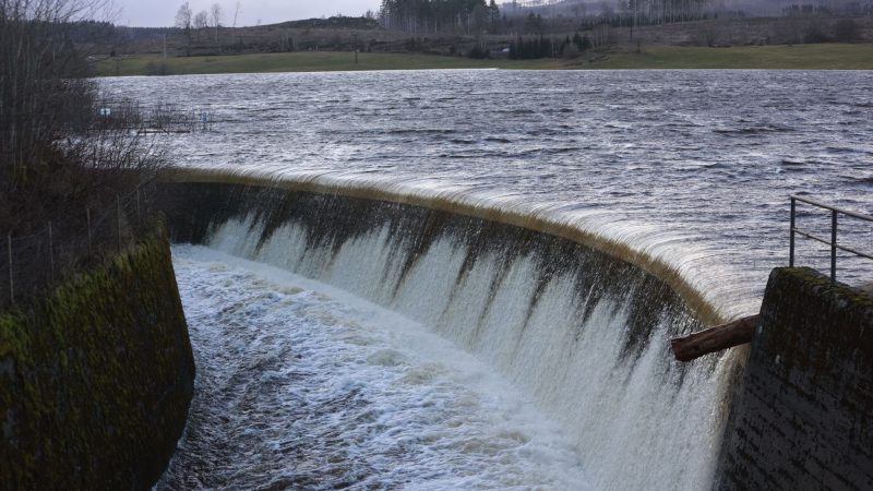 95 Kubikmeter Wasser stürzt jede Sekunde die Talsperre Mandelholz im Harz hinab. Regen und Schmelzwasser haben die Talsperre, die als Hochwasserschutzbecken für die Kalte Bode dient, gut gefüllt. Nun wird das Wasser kontrolliert abgelassen.