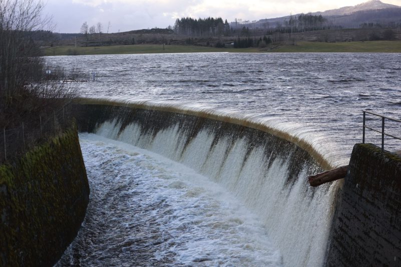 95 Kubikmeter Wasser stürzt jede Sekunde die Talsperre Mandelholz im Harz hinab. Regen und Schmelzwasser haben die Talsperre, die als Hochwasserschutzbecken für die Kalte Bode dient, gut gefüllt. Nun wird das Wasser kontrolliert abgelassen.