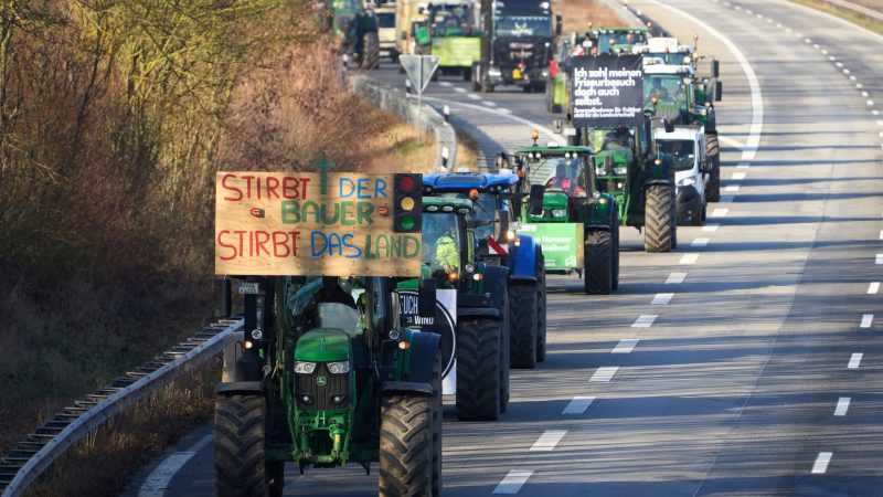 Landwirte protestieren auf der Autobahn A48 bei Weitersburg in Rheinland-Pfalz.