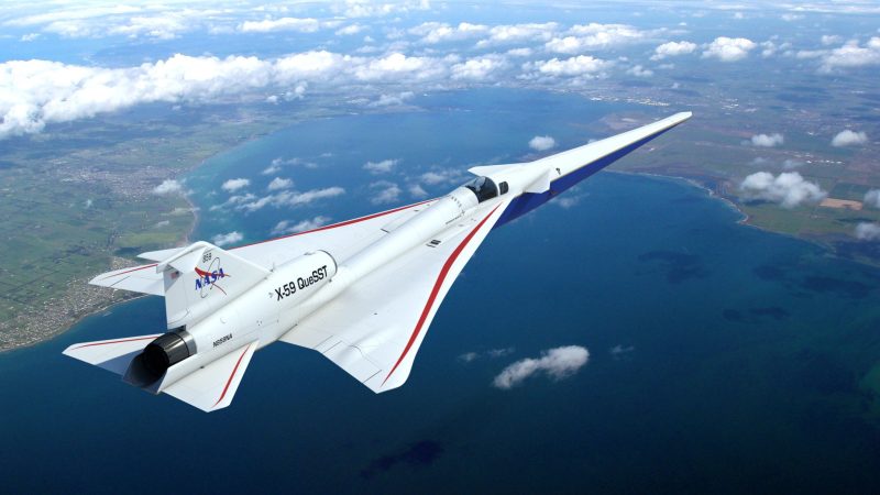Dieser künstlerische Entwurf aus dem Jahr 2019 zeigt, wie das von der NASA in Auftrag gegebene neue Überschallflugzeug Lockheed Martin X-59 QueSST (kurz für Quiet SuperSonic Technology) aussehen könnte.