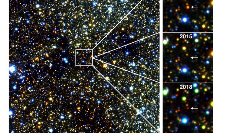 Infrarotbilder eines etwa 30.000 Lichtjahre entfernten roten Riesensterns in der Nähe des Zentrums unserer Milchstraßengalaxie, der im Laufe mehrerer Jahre verblasste und wieder auftauchte.