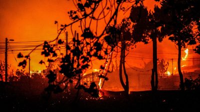 Flammen und Rauch sind zu sehen, als Häuser während eines Waldbrandes in Chile niederbrennen.