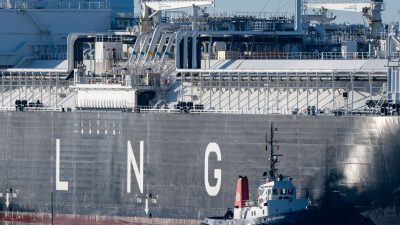 Die fast 300 Meter lange «Energos Power» läuft begleitet von Schleppern in den Hafen von Mukran ein.