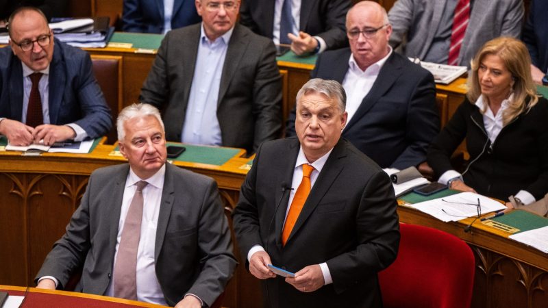 Ministerpräsident Viktor Orban (r) spricht im Parlament in Budapest.