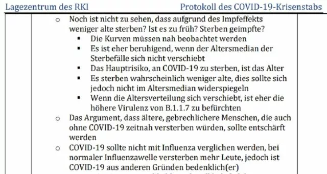 RKI-Krisenstab am 19.03.2020: „Das Hauptrisiko, an COVID-19 zu sterben, ist das Alter“. Foto: RKI-Files, veröffentlicht vom „Multipolar-Magazin“ am 20. März 2024