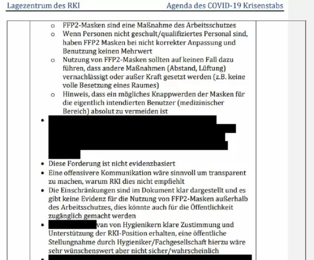 Der Ausschnitt des RKI-Protokolls vom 30.10.2020 belegt die ablehnende Haltung des Krisenstabs zu FFP2-Masken. Foto: RKI-Files, veröffentlicht vom „Multipolar-Magazin“ am 20. März 2024
