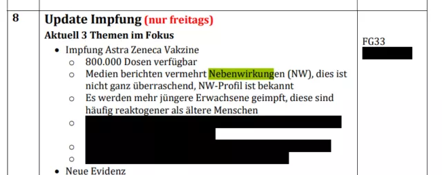 Am 19.02.2021 war für den RKI-Krisenstab „nicht ganz überraschend“, dass Medien „vermehrt“ über Nebenwirkungen (NW) berichteten. Foto: RKI-Files, veröffentlicht vom „Multipolar-Magazin“ am 20. März 2024