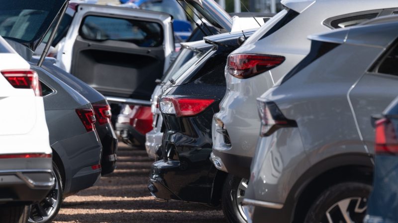 Neuwagen und Gebrauchtwagen stehen bei einem Autohändler nebeneinander. Gründe für den Preisverfall seien zum einen die stagnierende Nachfrage nach E-Autos generell.