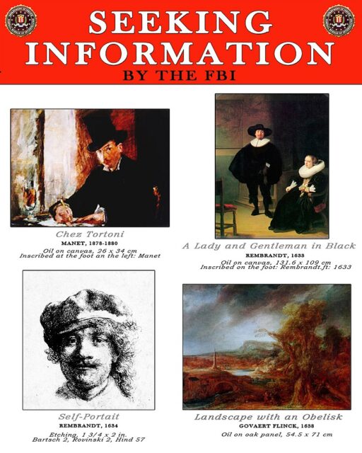 Fahndungsblatt des FBI mit Gemälden von Rembrandt
