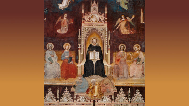 Triumph des Heiligen Thomas von Aquin, genannt „Doctor Angelicus“, umgeben von Heiligen und Engeln. Fresco von Andrea di Bonaiuto, 1366.
