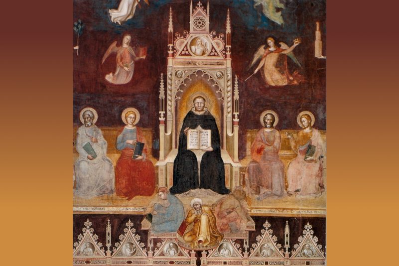 Triumph des Heiligen Thomas von Aquin, genannt „Doctor Angelicus“, umgeben von Heiligen und Engeln. Fresco von Andrea di Bonaiuto, 1366.