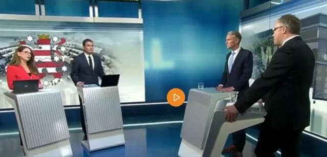 Der Sender „Welt TV“ übertrug am 11. April 2024 das Streitgespräch zwischen den beiden Thüringer Spitzenkandidaten Björn Höcke (2.v.l.) und Mario Voigt (l.). Rechts im Bild: die Moderatoren Tatjana Ohm und Jan Philipp Burgard.