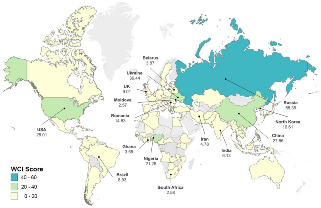 Weltkarte zur Cyberkriminalität