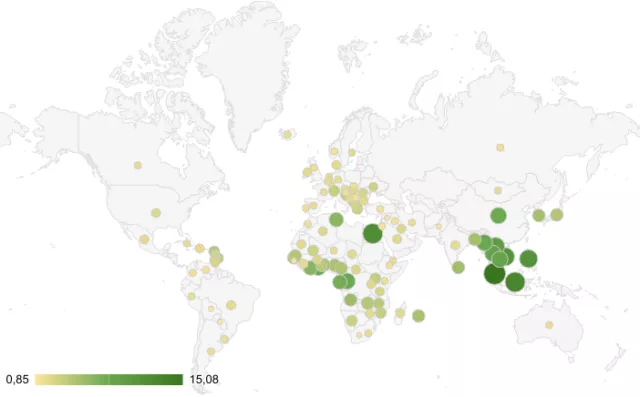 Am meisten Mikroplastik essen Menschen in Südostasien, Ägypten und an der Atlantikküste Zentralafrikas. Deutschland liegt im Vergleich der untersuchten Länder auf Platz 79 von 109.