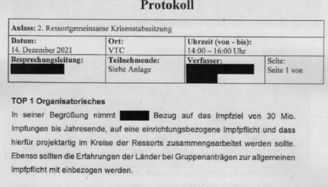 Das Protokoll der Ressortgemeisamen Krisenstabssitzung vom 14. Dezember 2021 zeigt: In erster Linie ging es um das „Impfziel“.