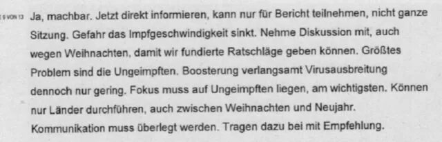 Ausschnitt des Sitzungsprotokolls des Bund-Länder-Krisenstabs vom 16. Dezember 2021: „Größtes Problem sind die Ungeimpften“. Foto: Screenshot der „BreuerFiles“