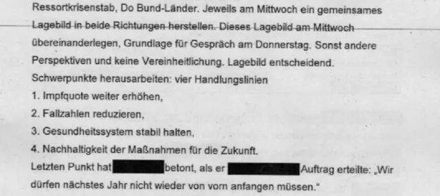 Ausschnitt des Sitzungsprotokolls des Bund-Länder-Krisenstabs vom 16. Dezember 2021: Vier Handlungslinien. Foto: Screenshot der „BreuerFiles“
