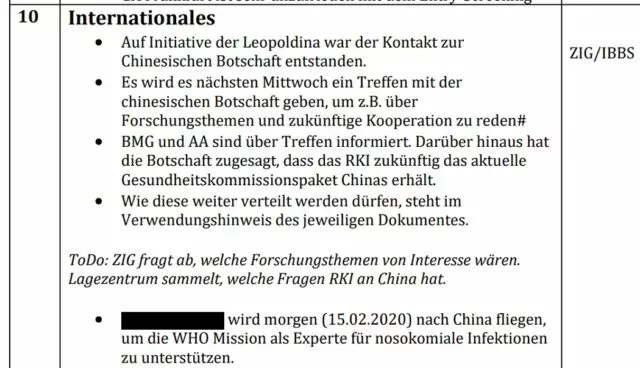 RKI-Files vom 14. Februar 2020: Kontaktaufnahme zur chinesischen Botschaft. Foto/Screenshot: RKI