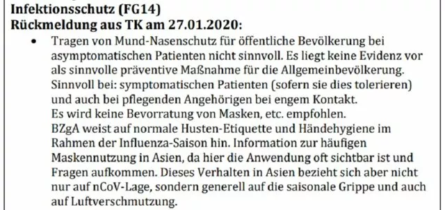 RKI-Files vom 27. Januar 2020, nun entschwärzt: Keine Evidenz für Nutzen von Masken. Foto/Screenshot: RKI