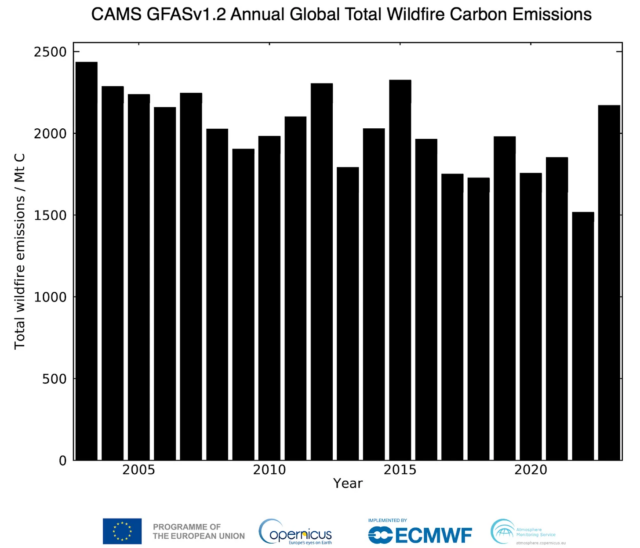 Messdaten widersprechen Fachzeitschriften: Die weltweiten CO₂-Emissionen aus Waldbränden sind in den letzten Jahren tendenziell gesunken.