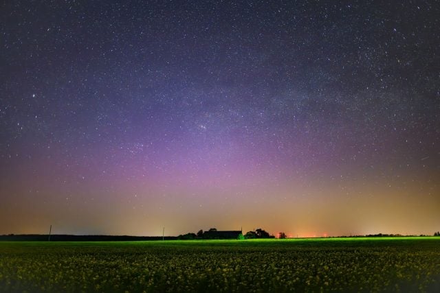 Lila leuchtet ein Polarlicht am Nachthimmel im Landkreis Märkisch-Oderland in Ostbrandenburg.