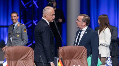 VILNIUS, LITHUANIA - JULY 11: Hungary Defence Minister Kristof Szalay-Bobrovniczky speaks with Germany Defense Minister Boris Pistorius during informal meeting of Ministers of Defence of the 2023 NATO Summit on July 11, 2023 in Vilnius, Lithuania. The summit is bringing together NATO members and partner countries heads of state from July 11-12 to chart the alliance's future, with Sweden's application for membership and Russia's ongoing war in Ukraine as major topics on the summit agenda. (Photo by Paulius Peleckis/Getty Images)