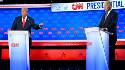 US President Joe Biden and former US President and Republican presidential candidate Donald Trump participate in the first presidential debate of the 2024 elections at CNN's studios in Atlanta, Georgia, on June 27, 2024. (Photo by ANDREW CABALLERO-REYNOLDS / AFP) (Photo by ANDREW CABALLERO-REYNOLDS/AFP via Getty Images)