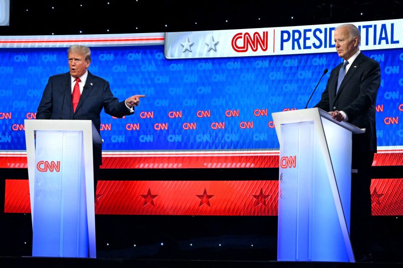 US President Joe Biden and former US President and Republican presidential candidate Donald Trump participate in the first presidential debate of the 2024 elections at CNN's studios in Atlanta, Georgia, on June 27, 2024. (Photo by ANDREW CABALLERO-REYNOLDS / AFP) (Photo by ANDREW CABALLERO-REYNOLDS/AFP via Getty Images)