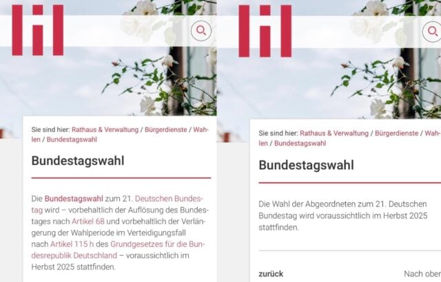 Der Internet-Eintrag der Stadt Hildesheim zur Bundestagswahl 2025 – vor dem 18. Juni 2024 und danach. Foto: Bildschirmfoto: X/Manaf Hassan