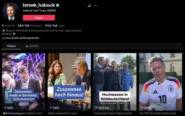 Der Screenshot zeigt einen Ausschnitt aus Robert Habecks Tiktok-Kanal mit Stand 7. Juni 2024. Foto: Bildschirmfoto/TikTok/@bmwk_habeck