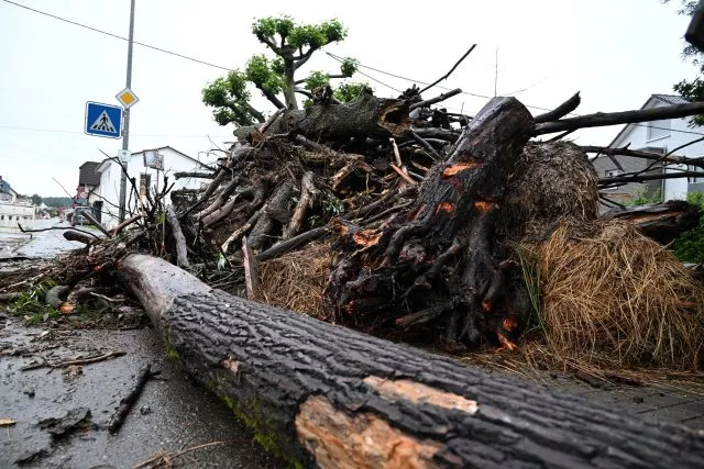 Spuren des Unwetters: Bruchholz liegt neben einer Brücke in Meckenbeuren-Brochenzell. Der Fluß Schussen hatte Teile von überschwemmt.