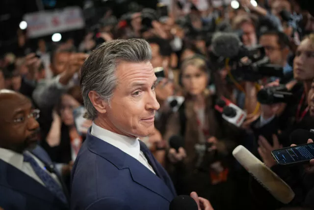 ATLANTA, GEORGIA - JUNE 27: Gov. Gavin Newsom (D-CA) speaks to reporters in the spin room following the CNN Presidential Debate between U.S. President Joe Biden and Republican presidential candidate, former U.S. President Donald Trump at the McCamish Pavilion on the Georgia Institute of Technology campus on June 27, 2024 in Atlanta, Georgia. President Biden and former President Trump are faced off in the first presidential debate of the 2024 campaign. (Photo by Andrew Harnik/Getty Images)