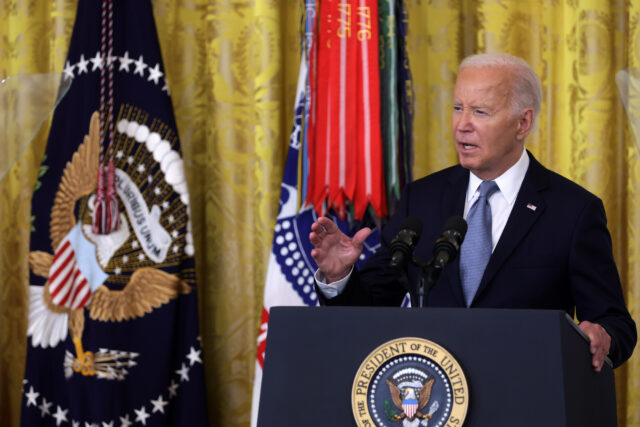 WASHINGTON, DC - JULY 03: U.S. President Joe Biden reads from a teleprompter as he speaks during a Medal of Honor ceremony in the East Room of the White House on July 03, 2024 in Washington, DC. Biden presented the awards posthumously to two Union U.S. soldiers Philip Shadrach and George Wilson who fought during the Civil War and participated in an undercover mission later known as the “Great Locomotive Chase.” (Photo by Alex Wong/Getty Images)