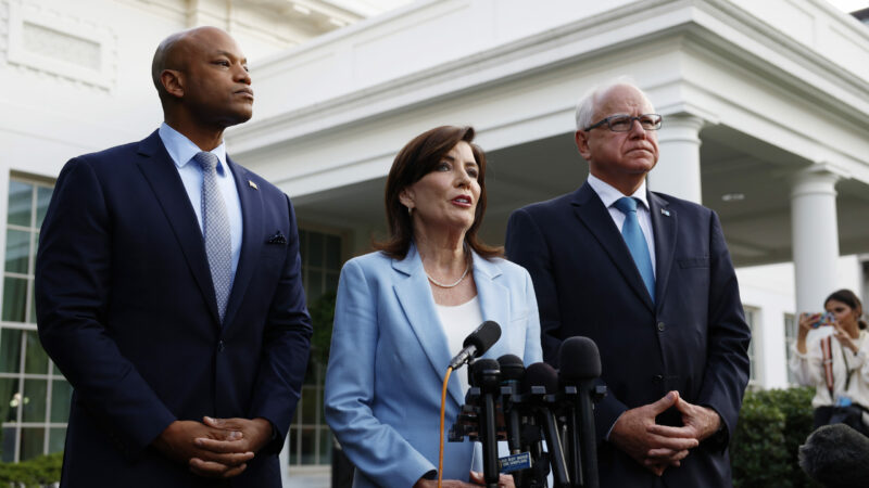 WASHINGTON, DC - JULY 03: (L-R) Governors Wes Moore of Maryland, Kathy Hochul of New York and Tim Walz of Minnesota speak to reporters after a meeting with U.S. President Joe Biden at the White House on July 03, 2024 in Washington, DC. Biden met with all of the nation's Democratic governors, virtually or in person, in an effort to shore up support following his performance in the first presidential debate against Donald Trump. (Photo by Anna Moneymaker/Getty Images)