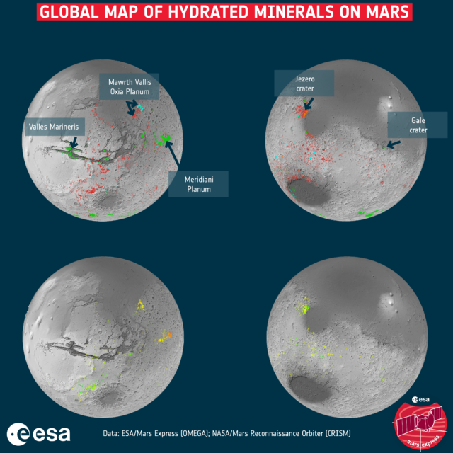 Globale Ressourcen-Karte des Mars mit möglichen Landeplätzen sowie bekannten Lagerstätten wasserhaltiger Tone (rot), hydratisierter Sulfate (lokal Zeolit, grün), Karbonate (Salze, orange) sowie hydratisierte Silikate und Alumosilikat-Tone (hellblau).