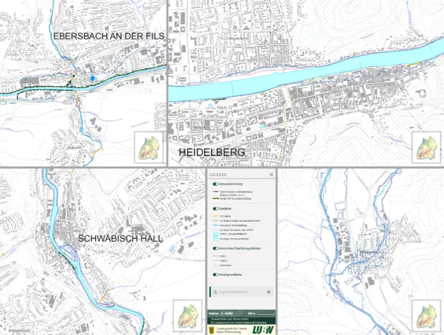 Ausschnitte der Hochwasserrisikokarten der Landesanstalt für Umwelt Baden-Württemberg