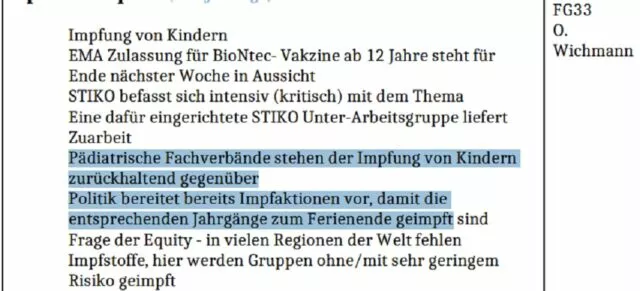 RKI-Protokoll vom 21.05.2021: Pädiatrische Fachverbände standen der Impfung von Kindern zurückhaltend gegenüber. Foto: Bildschirmfoto/RKI-Files