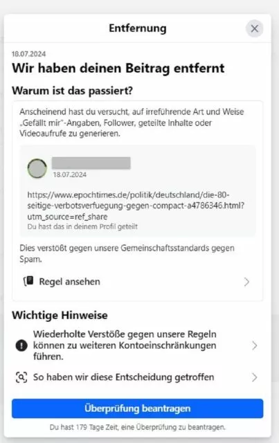 Facebook ließ am 18. Juli 2024 einen Link zu einem Artikel der Epoch Times nicht zu. Foto: Screenshot Entfernungsmeldung/Privat/Facebook