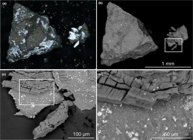 Schrittweise Vergrößerung eines Fragments der Gesteinsprobe von Asteroid Bennu. Das entlang einer hochreflektierenden Ader abgespaltene Material weist eine blockige, brüchige Textur auf. Es besteht aus Natrium, Magnesium und Phosphor.