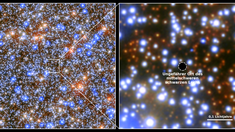 Der Kugelsternhaufen Omega Centauri mit dem Ort des identifizierten Schwarzen Lochs.