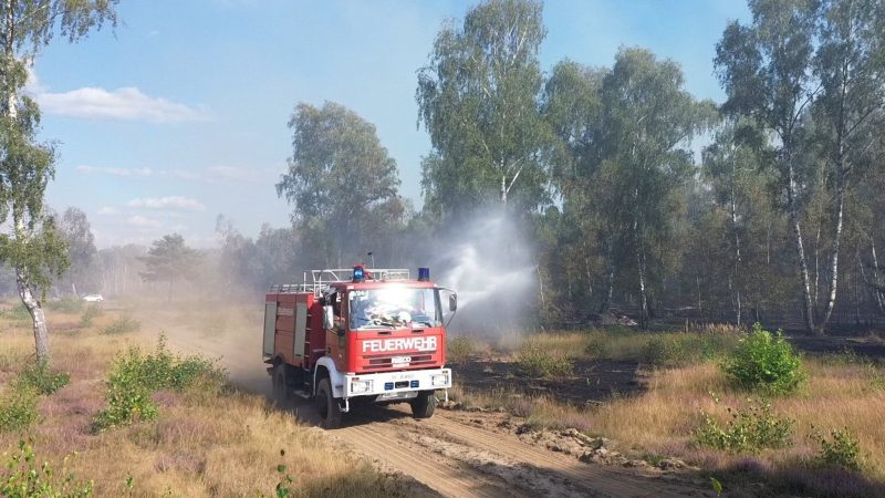 Die Feuerwehr löscht von Wegen aus beim Waldbrand in Jüterbog.