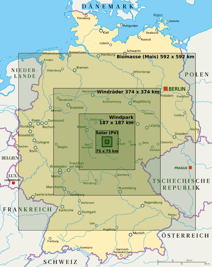 Flächenbedarf ausgewählter Energieträger zur Bereitstellung von 70 GW.