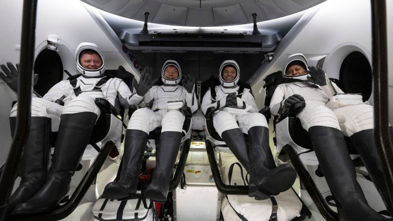 Dieses Foto zeigt den Roskosmos-Kosmonauten Alexander Grebenkin (l), die NASA-Astronauten Michael Barratt (2.v.l.), Matthew Dominick (2.v.r) und Jeanette Epps (r) im Inneren der Raumkapsel kurz nach deren Bergung.