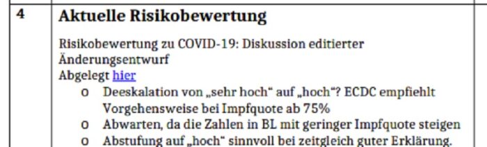 Grafik: Am 2. Februar 2022 diskutierte das RKI, ob man eine Deeskalation des COVID-.19-Risikos von „sehr hoch“ auf „hoch“ vornehmen könne. Foto: Bildschirmfoto/rkileak.com