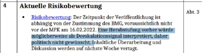 Grafik: Am 9. Februar 2022 vertagte das RKI eine mögliche Risikoabstufung, weil es noch auf die Zustimmung des BMG wartete. Foto: Bildschirmfoto/rkileak.com