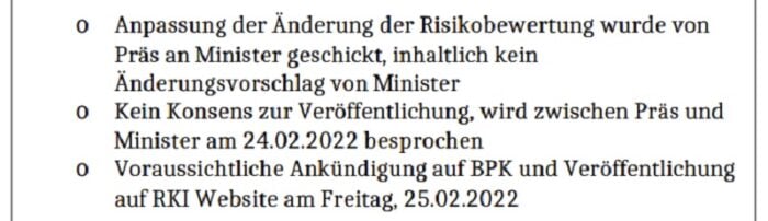 Grafik: Am 23. Februar 2022 ging das RKI noch davon aus, dass es seine Risikoabstufung zwei Tage später bekannt geben dürfte. Foto: Bildschirmfoto/rkileak.com