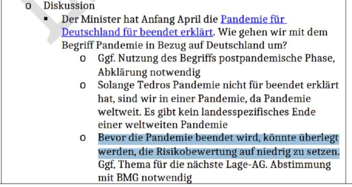 Grafik: Am 26. April 2023 zeigt sich das RKI konsterniert darüber, dass BMG-Chef Lauterbachs die „Pandemie“ bereits Wochen zuvor als beendet erklärt hatte. Foto: Bildschirmfoto/rkileak.com