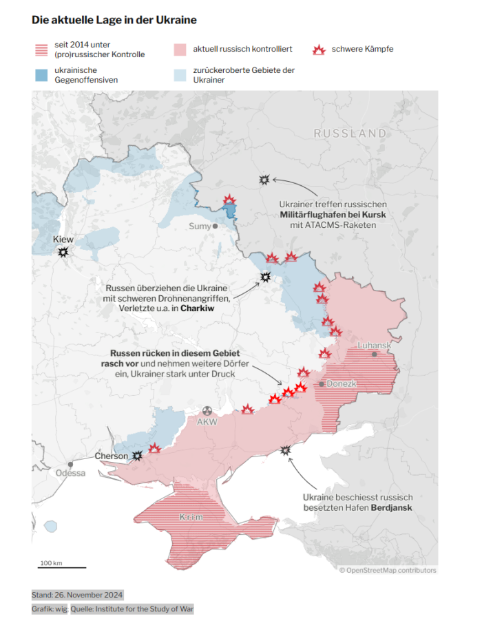 Frontverlauf in der Ukraine. Stand: 26. November 2024 Grafik: wigQuelle: Institute for the Study of War