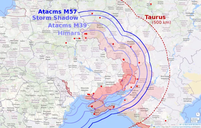 Reichweite ausgewählter westlicher Marschflugkörper, wenn sie aus Gebieten unter ukrainischer Kontrolle gestartet werden. Besetzte Gebiete farbig markiert, einschließlich militärisch bedeutsamer Orte wie Stützpunkte und kritischer Infrastruktur.